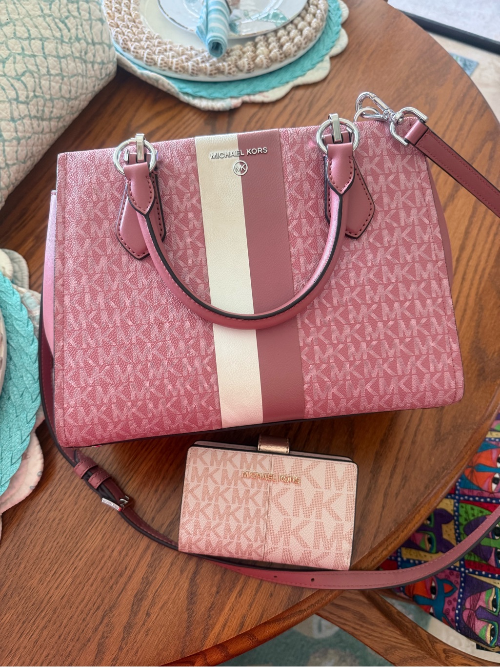 Michael Kors Pink Signature Stripe Satchel With Wallet Like New